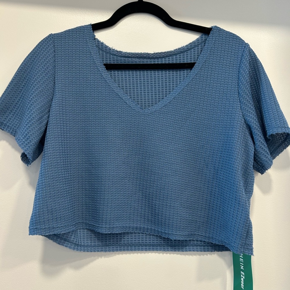 Blue Textured Short Sleeve Top